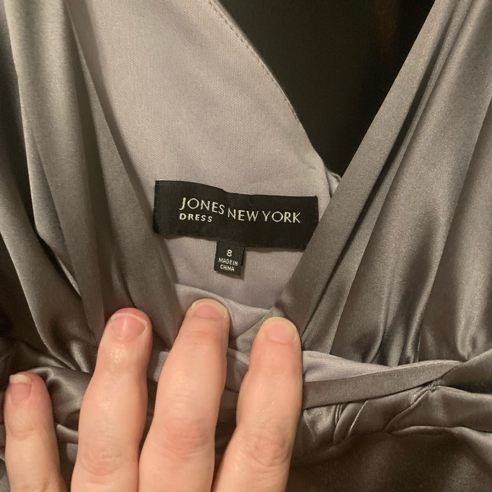 Jones New York, shimmery silver cocktail dress; size 8.